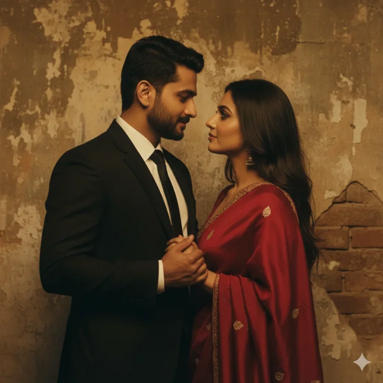 Romantic retro Valentine cinematic couple in coordinated red and black outfits under warm golden lighting against a textured wall