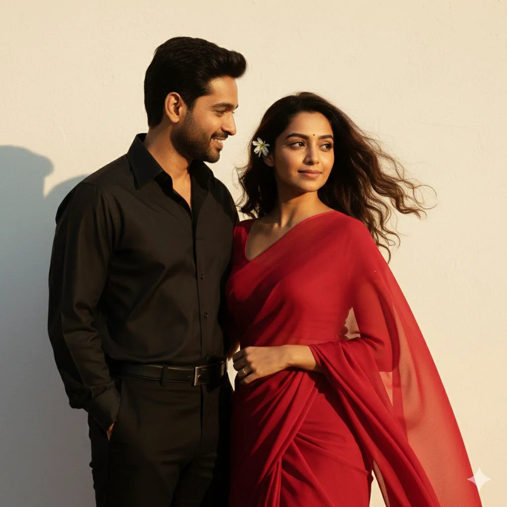 Retro cinematic couple scene with a woman in a red chiffon saree and a man in a black retro shirt holding her saree pallu under warm golden lighting