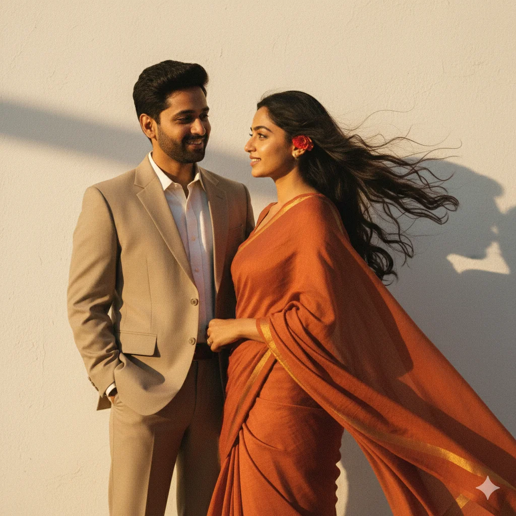 Retro 90s cinematic couple with a woman in a rust-orange saree and a man in a beige suit under warm golden sunset lighting against a textured wall