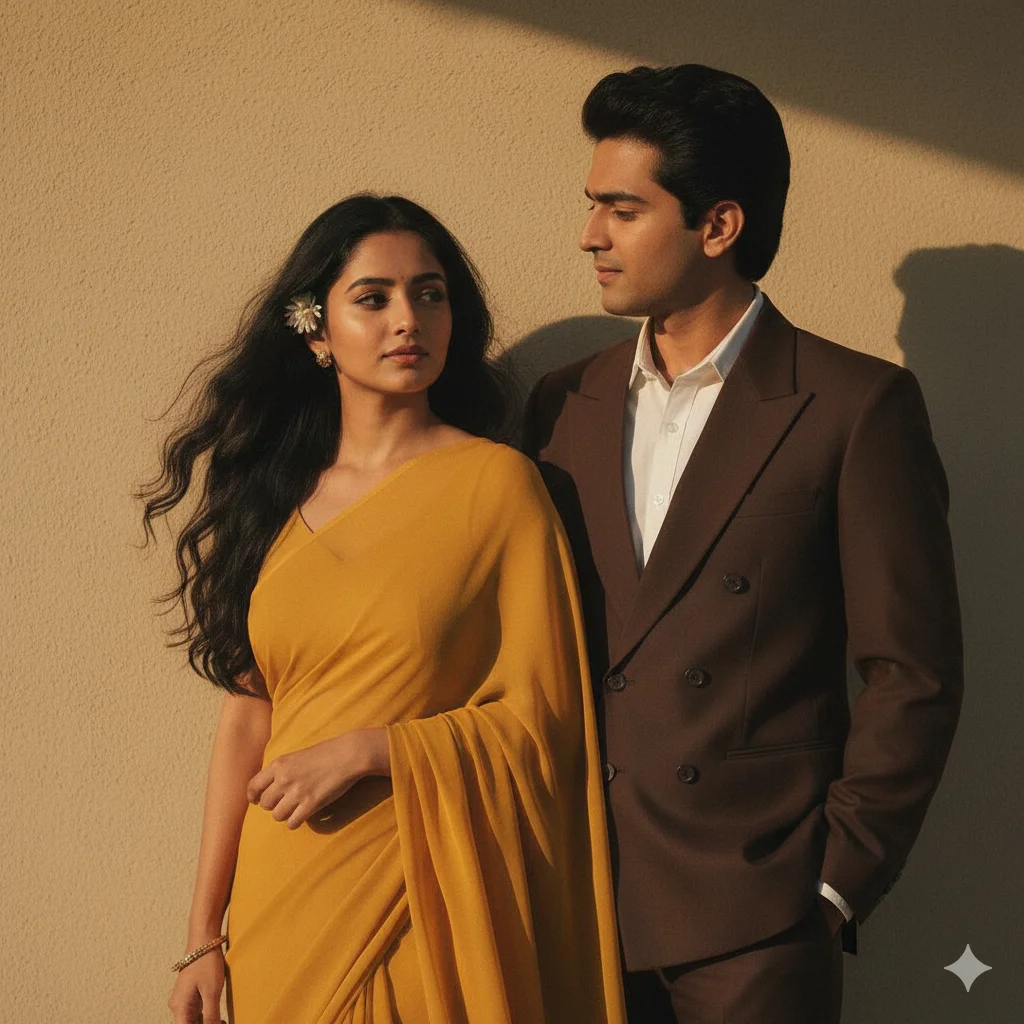 Nostalgic retro Bollywood couple with a woman in a mustard-yellow saree and a man in a brown suit under warm golden lighting against a textured wall