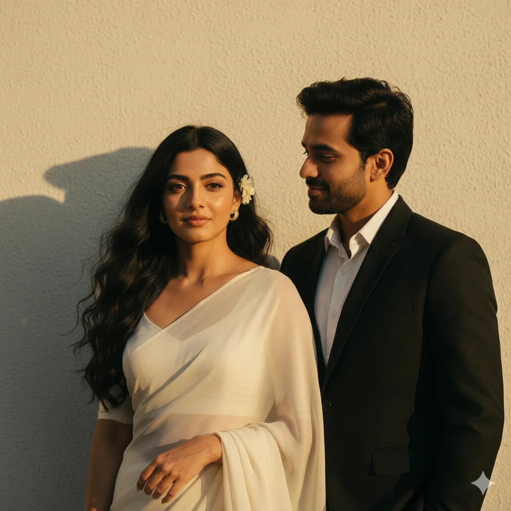 Retro cinematic couple with a woman in an ivory chiffon saree and a man in a black suit under warm golden-hour lighting against a textured wall
