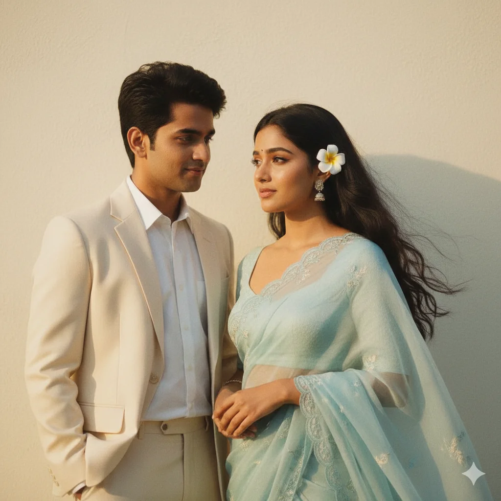 Soft retro cinematic couple with a woman in a pastel blue saree and a man in a cream suit under warm golden lighting against a textured wall