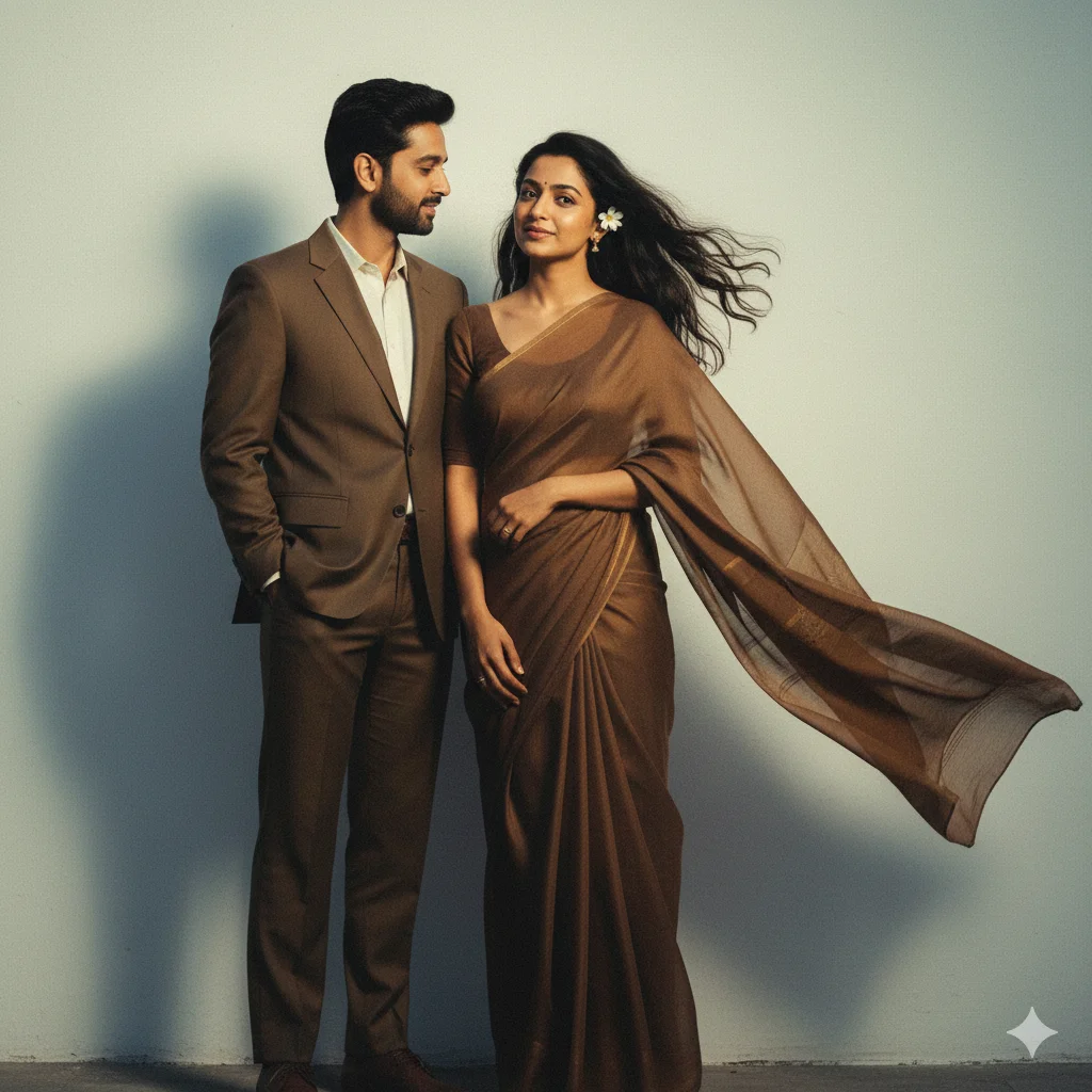 Retro vintage cinematic couple with a woman in a brown saree and a man in a classic suit under warm golden-hour lighting against a textured wall