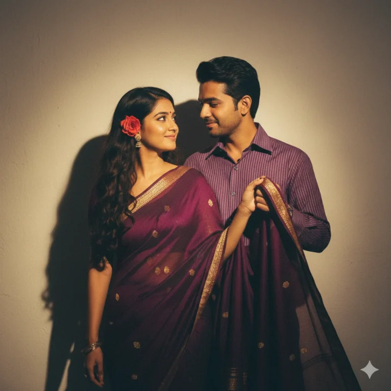 Retro-style cinematic couple photo featuring a woman in a deep purple saree with golden borders and a man in a matching retro shirt under warm vintage lighting