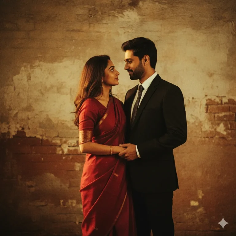 Retro Valentine cinematic couple with a woman in a deep red saree and a man in a black suit under warm golden lighting against a textured wall