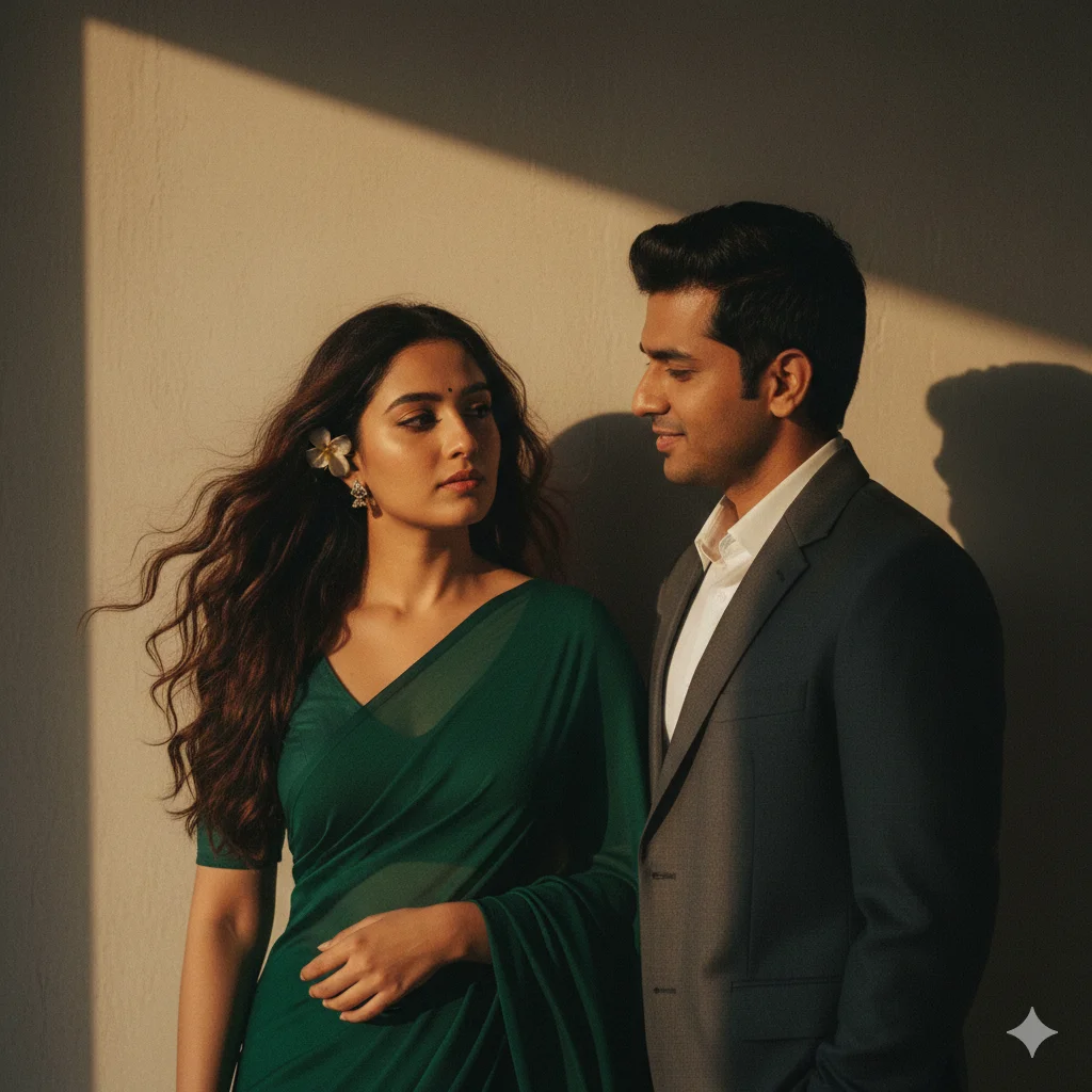 Moody retro cinematic couple with a woman in a bottle-green saree and a man in a charcoal grey suit under warm golden-hour lighting against a textured wall