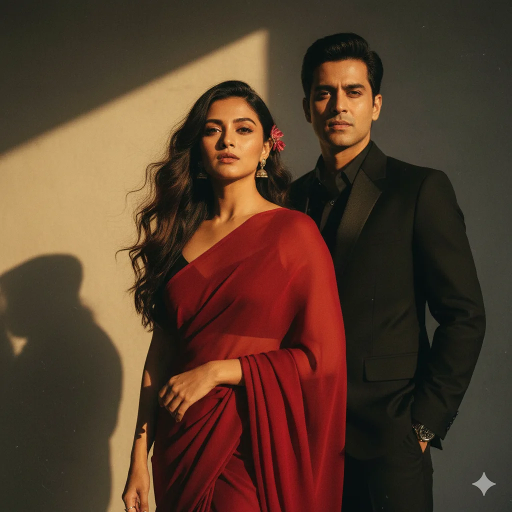 Dramatic retro cinematic couple with a woman in a deep red chiffon saree and a man in a black retro suit under golden-hour lighting with intense shadows