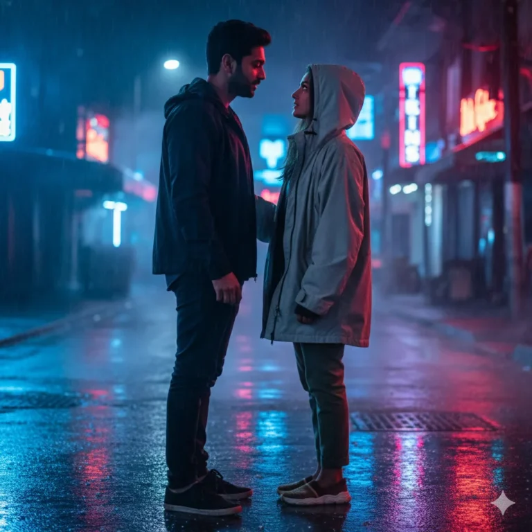 Cinematic couple under neon street lights at midnight with blue-red color grading, light rain reflections, and emotional urban romance