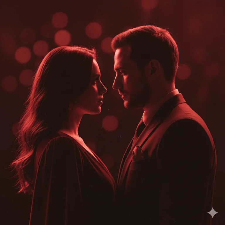 Moody Valentine cinematic couple with wine-red color grading, expressive eye contact, and minimal background in a romantic film-style portrait