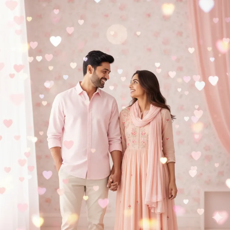 Romantic couple surrounded by pastel pink and peach tones with floating hearts, soft bokeh, and natural window light in a fine-art style