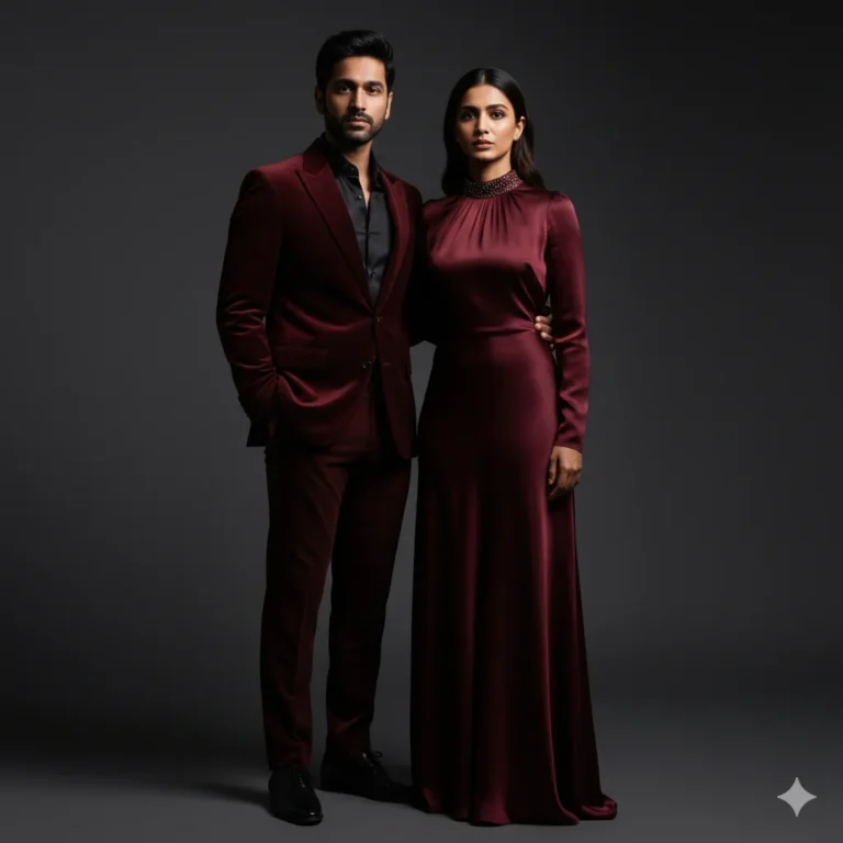 Elegant fashion couple in wine-red couture and black silk with dramatic Rembrandt lighting, intense eye contact, and cinematic shadows