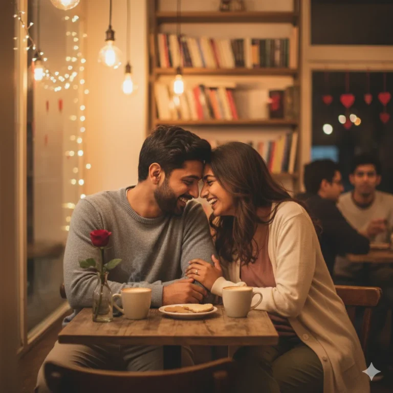 Real-life couple laughing together in a cozy café with warm lighting and subtle Valentine décor, captured in a natural documentary-style moment