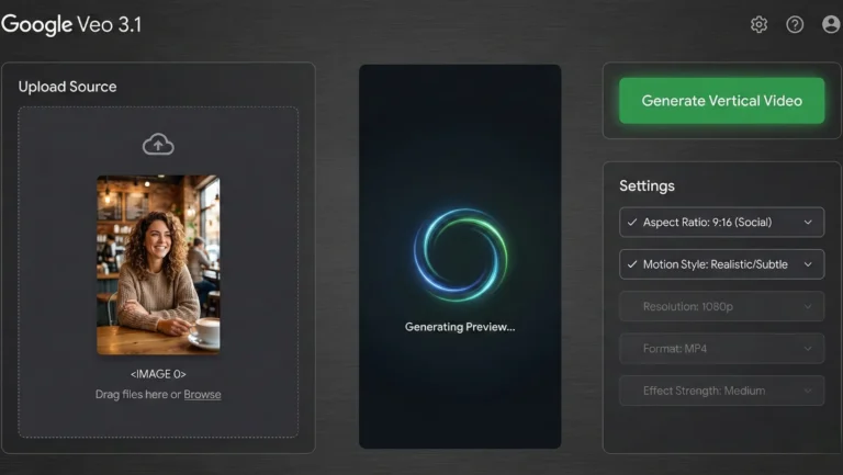 Dark-mode mock-up of Google Veo 3.1 desktop interface showing an uploaded portrait photo, a vertical video preview loading screen, and a green “Generate Vertical Video” button with social video settings selected
