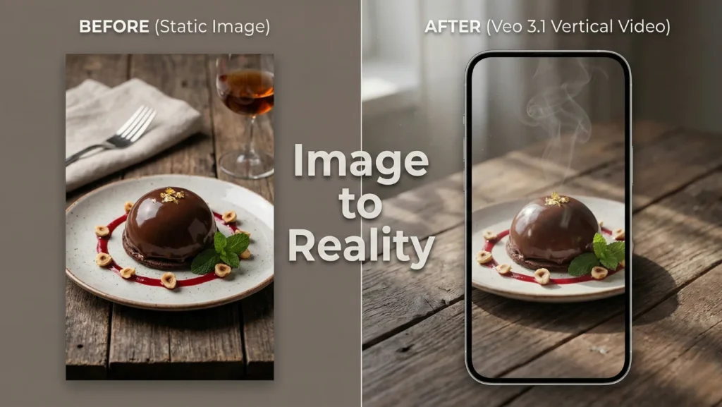Split-screen infographic showing a gourmet chocolate dessert as a static photo labeled “Before” and the same scene as a vertical video on a smartphone labeled “After,” with steam and moving light effects and text reading “Image to Reality”