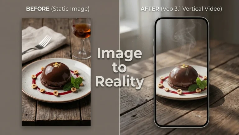 Split-screen infographic showing a gourmet chocolate dessert as a static photo labeled “Before” and the same scene as a vertical video on a smartphone labeled “After,” with steam and moving light effects and text reading “Image to Reality”