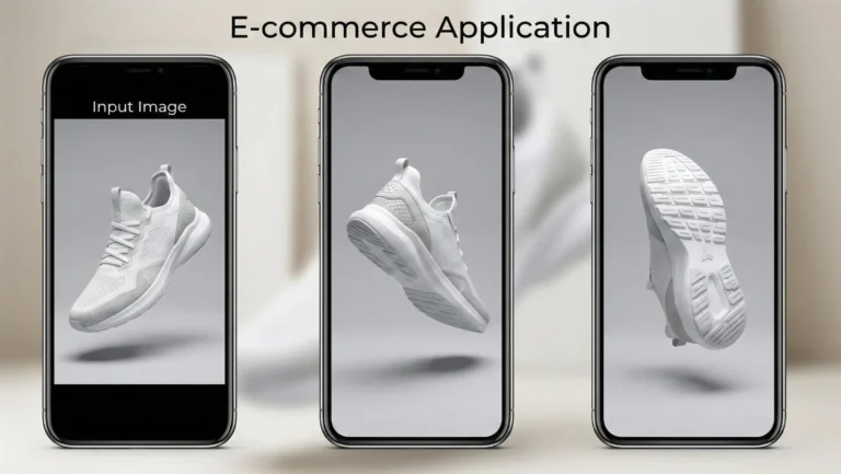 Triptych e-commerce graphic showing three smartphone screens: a static product image of a white sneaker, a rotating video frame revealing the heel, and a second frame showing the sole, all with consistent studio lighting