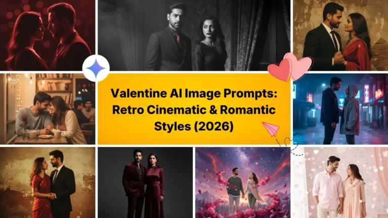 Valentine AI image prompt collage featuring retro cinematic and romantic couple styles including noir, café romance, neon city love, fantasy scenes, and 90s aesthetics