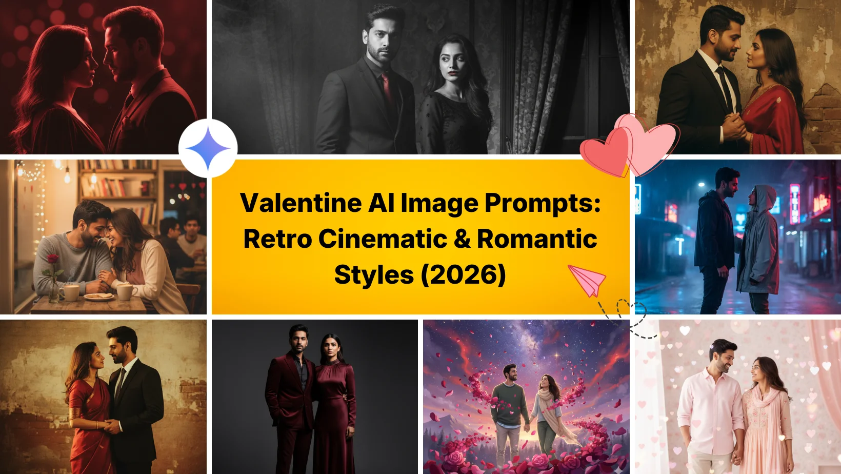 Valentine AI image prompt collage featuring retro cinematic and romantic couple styles including noir, café romance, neon city love, fantasy scenes, and 90s aesthetics