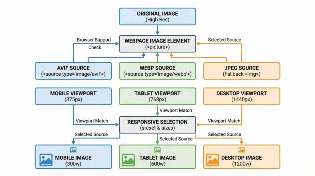 Diagram showing responsive images using picture element with AVIF, WebP, and JPEG fallbacks.