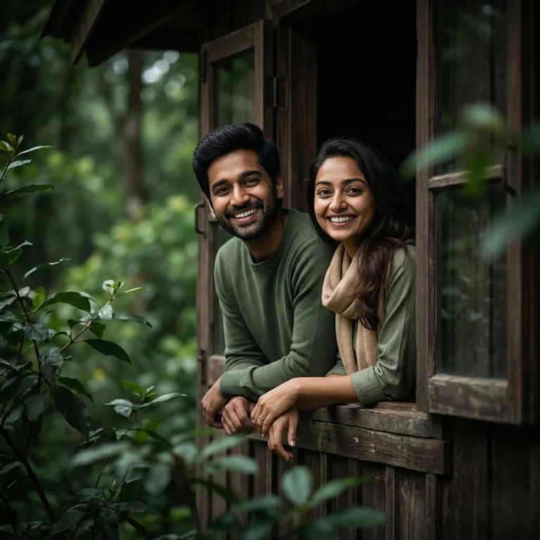 4K hyper-realistic cinematic pre-wedding half-portrait of a young couple framed by dark wooden window mullions, moody lighting with dramatic smiles, blurred lush green foliage bokeh background and soft foreground leaves for depth, serene earthy tone, faces kept 100% same as the reference image.