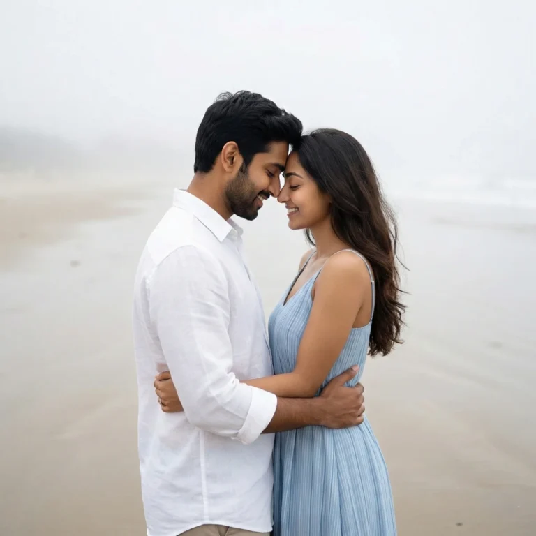 Soft romantic pre-wedding couple embracing on a sandy beach, man with short dark beard in a crisp white shirt and woman in a light blue vertical striped sundress, foreheads touching with eyes closed, misty overcast sky and minimal blurred background, faces kept 100% same as the reference image.