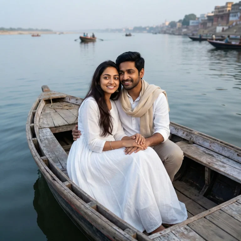 Photorealistic romantic river portrait of a young couple sitting close in a weathered wooden rowboat, woman in a flowing white dress with long dark hair and man in a white cotton shirt with a light beige scarf, hands gently intertwined, calm blue-grey water with blurred boats and shoreline buildings, faces kept 100% same as the reference image.
