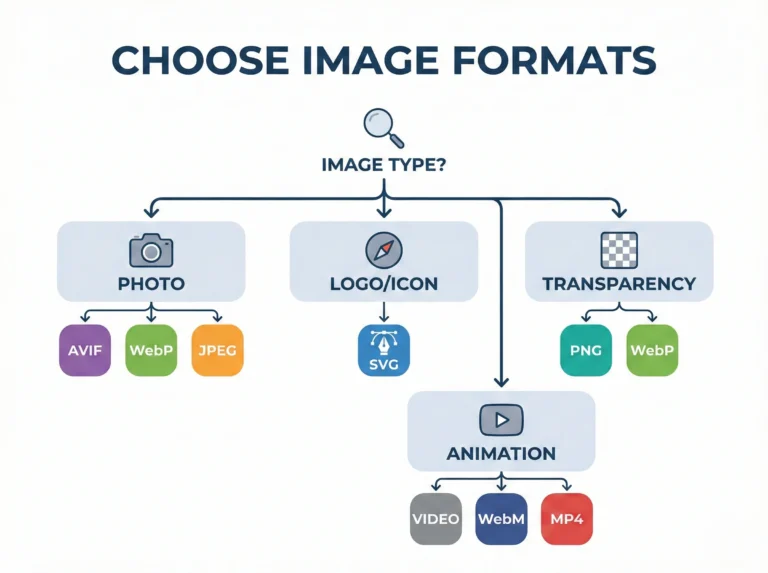 Decision tree infographic for selecting AVIF, WebP, JPEG, PNG, SVG, or video formats.