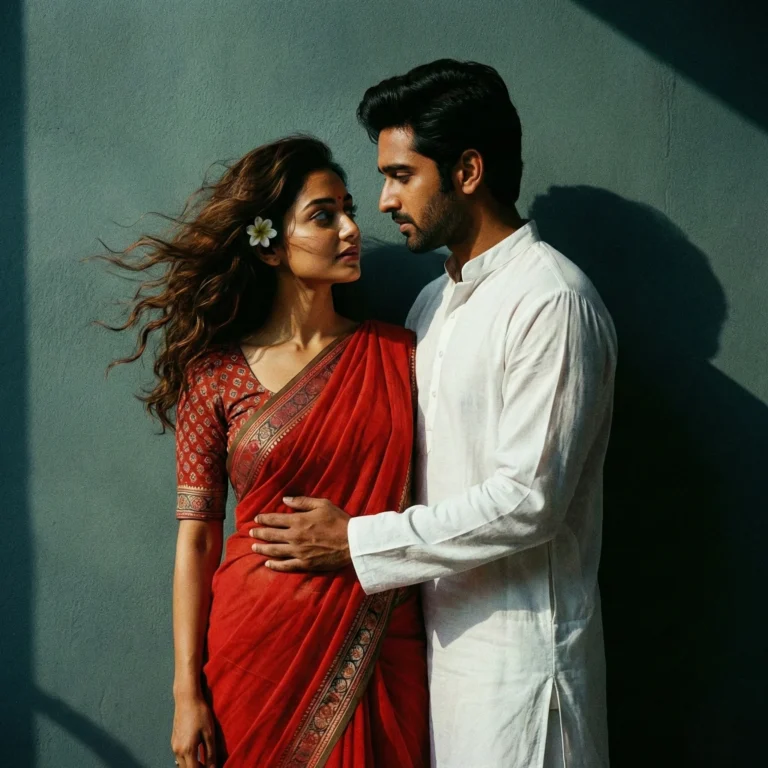 Retro vintage-inspired couple portrait with a grainy yet bright 90s movie aesthetic, girl in a red Pinterest-style retro saree with wavy curls and a small flower in her hair, wind blowing her hair, man in a white Chinese collar kurta holding her waist and gazing into her eyes, both looking at each other against a solid wall with deep shadows and dramatic contrast for a moody cinematic effect.
