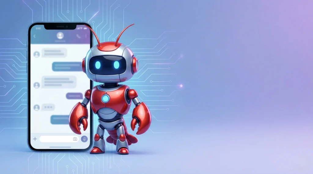 Social banner featuring a friendly AI assistant mascot with a phone showing a generic chat interface and space for a headline.