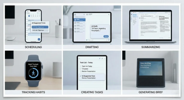Collage showing AI assistant use cases like scheduling, drafting messages, summarizing threads, tracking habits, task lists, and daily briefings.