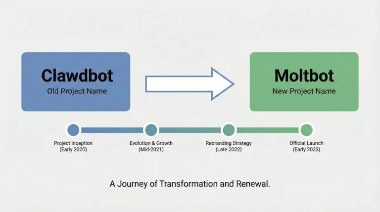 Timeline graphic showing a project rebranding journey from Clawdbot to Moltbot using a clean, neutral design.