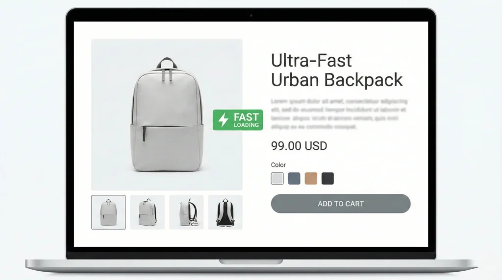 Mock e-commerce page showing optimized product images for fast loading and quality.