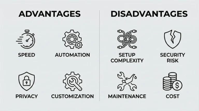 Two-column comparison graphic showing advantages and disadvantages of a self-hosted AI assistant with simple icons.