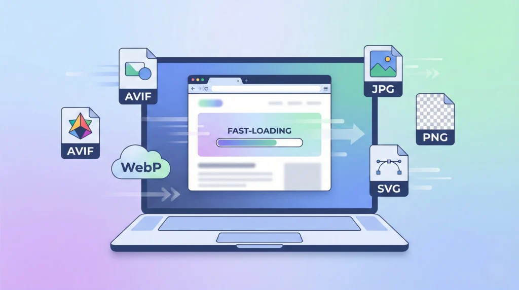 Best Image Format for Your Website. Illustration showing a fast-loading website with AVIF, WebP, JPG, PNG, and SVG format icons.