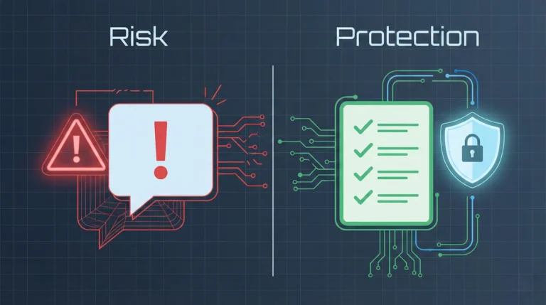 Cybersecurity infographic highlighting AI assistant risks and protections using warning and shield visuals in a clean modern style.