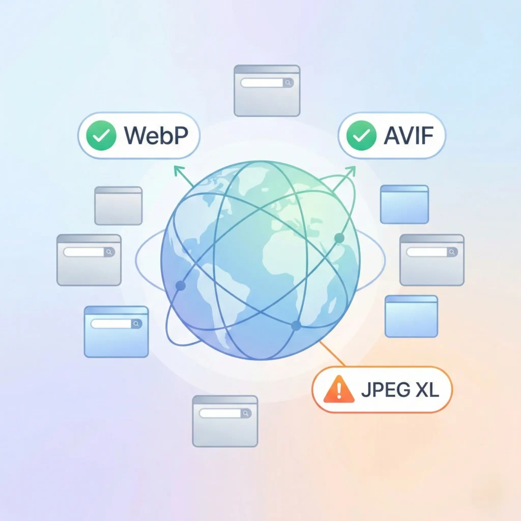 Concept image showing broad support for WebP and AVIF and limited support for JPEG XL.