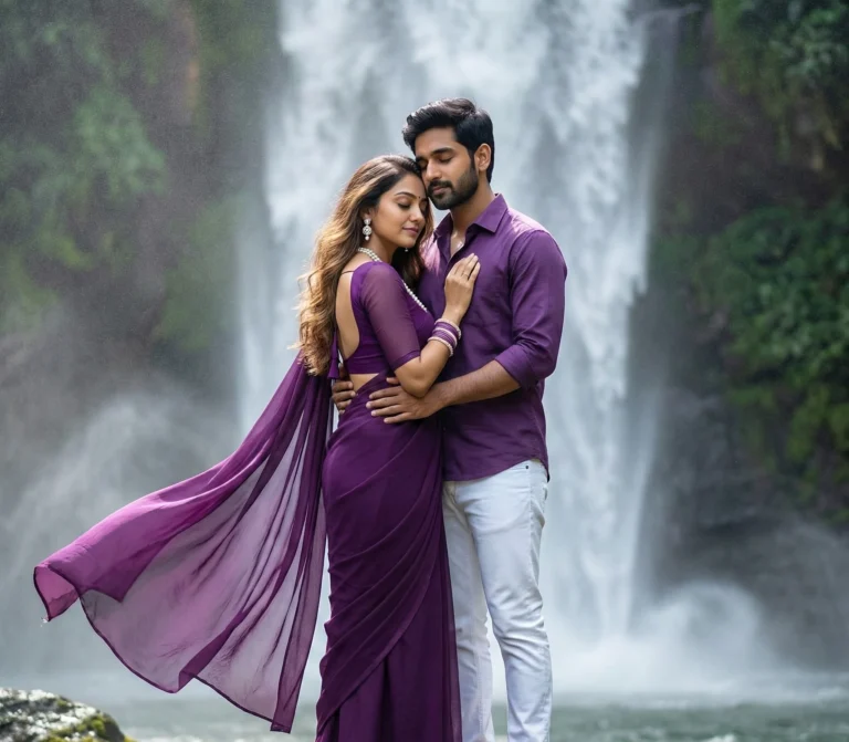 Romantic pre-wedding couple posing at a waterfall in matching purple outfits, girl in deep purple chiffon saree with pearl jewelry and flowing pallu, boy in purple shirt and white jeans holding her from behind, both eyes closed, faces identical to the uploaded reference image.