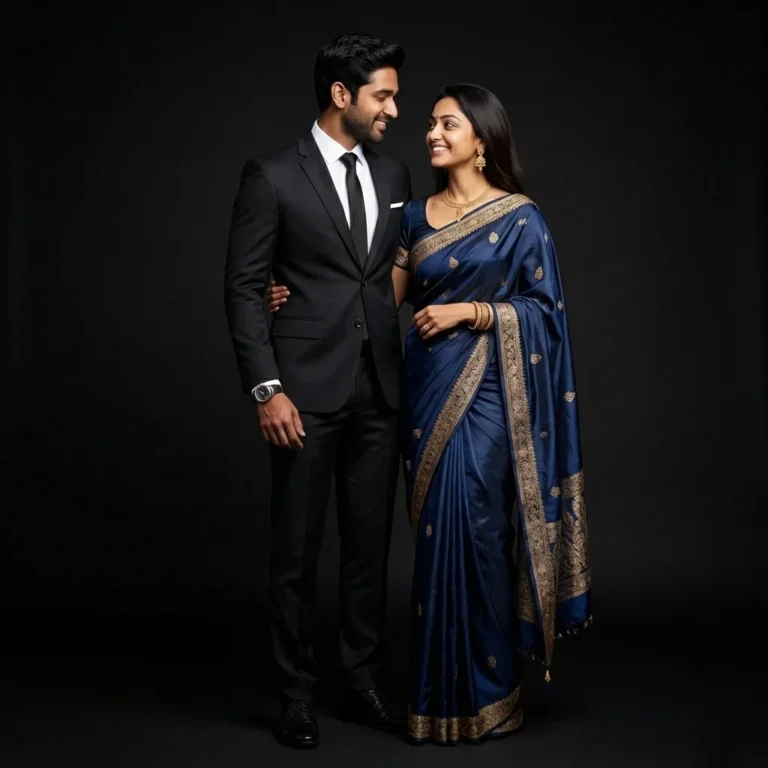 Ultra-realistic full-body studio portrait of a couple posing as lovers, man in a modern black suit wearing a luxury watch and woman in an elegant dark blue silk sari with delicate jewelry, dark studio setting with black background, premium 8K quality and luxurious romantic mood.
