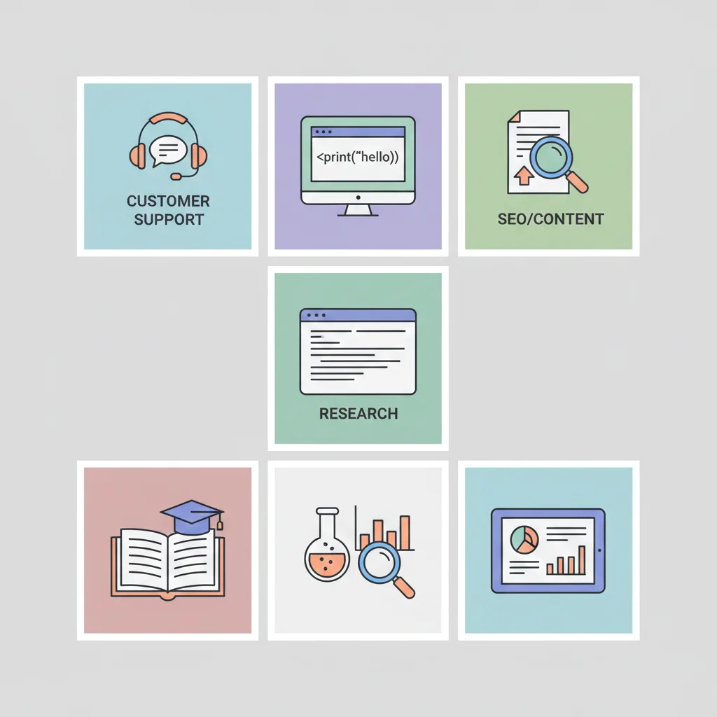 LLM use cases in support, coding, SEO, education, research, and analytics