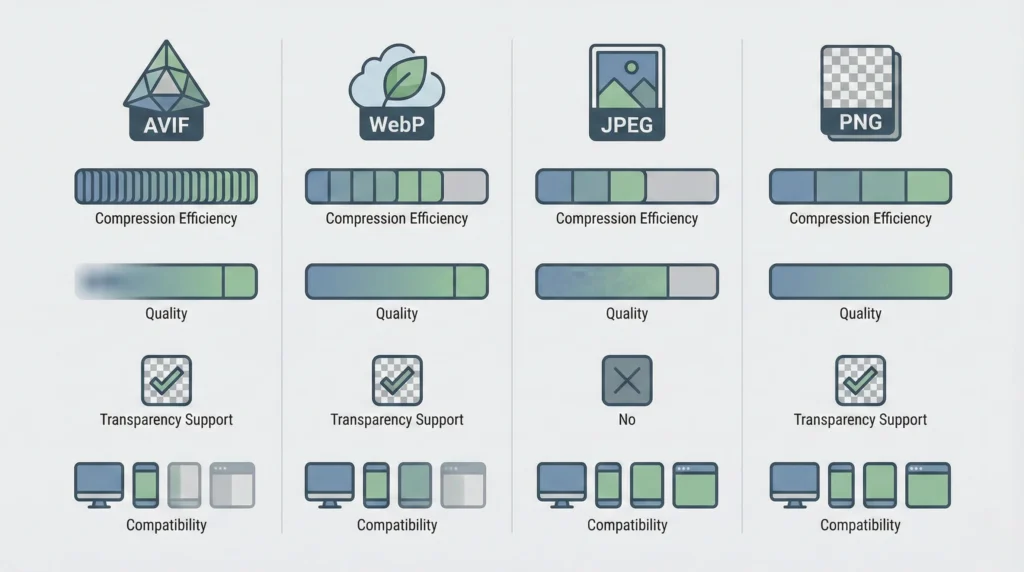 Visual comparison of AVIF, WebP, JPEG, and PNG by compression, quality, transparency, and compatibility.