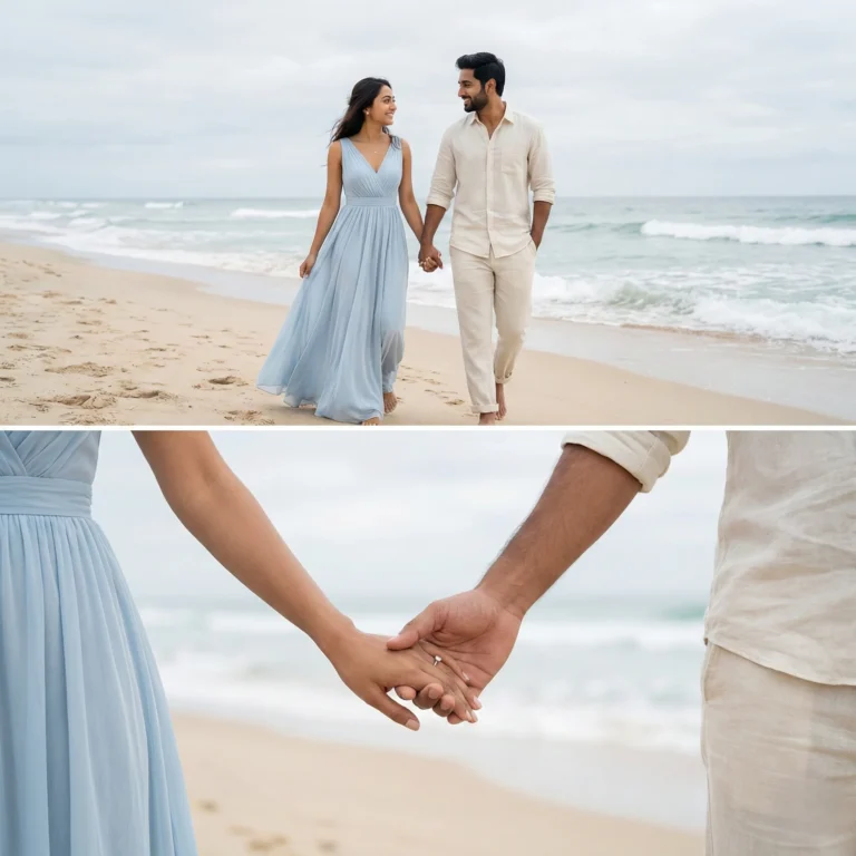 Soft romantic beach wedding portrait of a young couple walking hand in hand toward the camera, woman in a flowing light blue dress and man in cream linen outfit, loving gaze under a cloudy sky with gentle waves, plus a close-up of their hands about to touch, faces kept 100% same as the reference image.