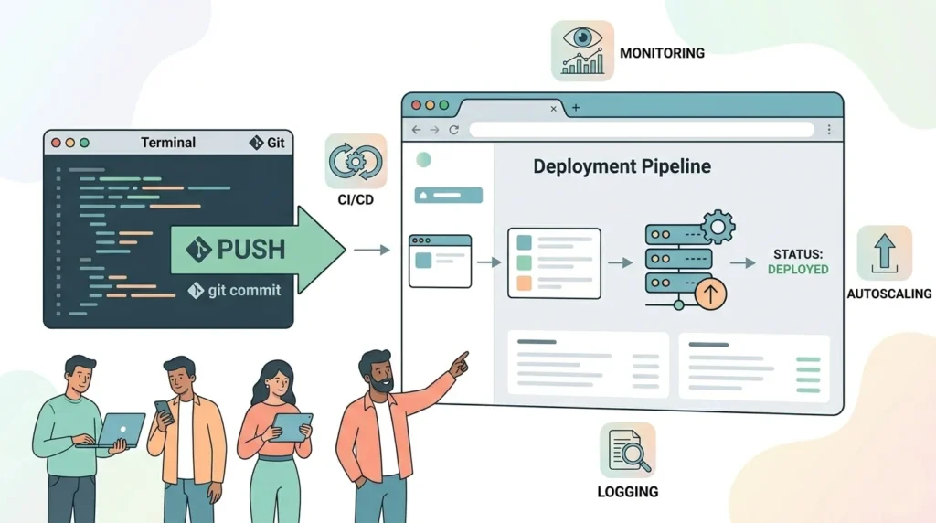 Developer deploying code to a PaaS platform with autoscaling and CI/CD