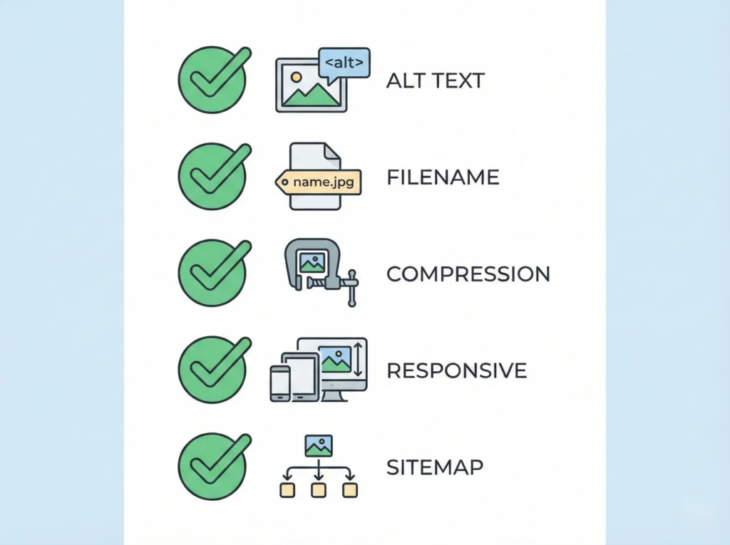 Checklist graphic for image SEO: alt text, filenames, compression, responsive images, and sitemaps.