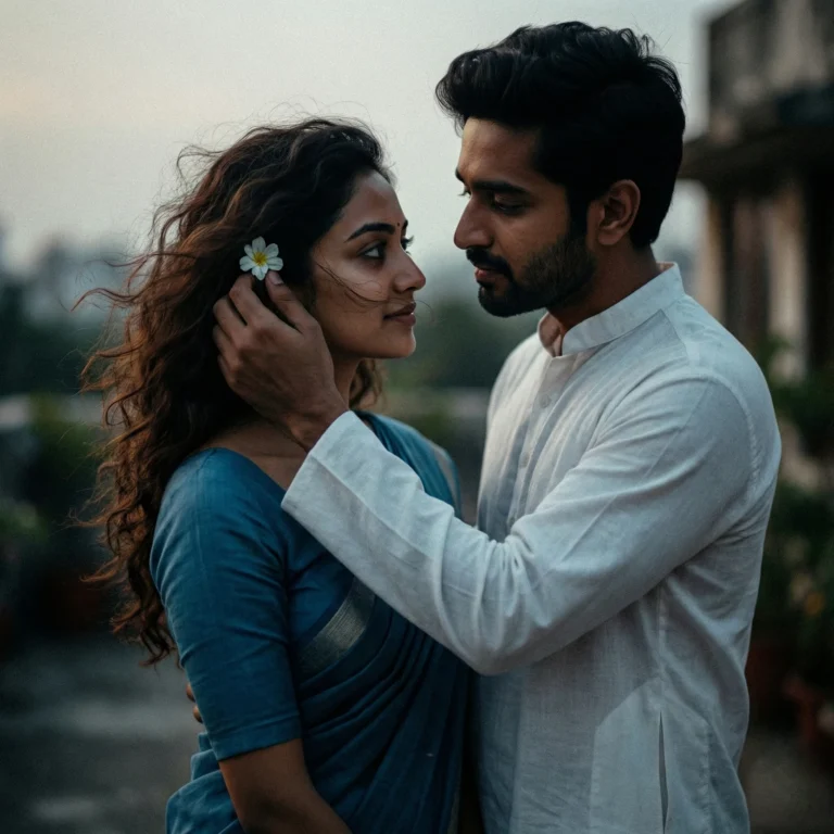 Moody retro-inspired close-up of a couple in a romantic 90s film style, girl in a blue retro saree with wavy curls blowing in the wind and a small flower in her hair, man in a white Chinese collar kurta tucking her hair behind her ear while gazing into her eyes, cinematic grain, soft brightness, deep dramatic shadows.