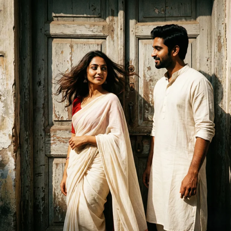 Retro vintage-inspired pre-wedding portrait of a couple in a 90s movie aesthetic, girl in an off-white cotton saree with a red blouse (Pinterest-style drape) and dark brown hair in a windy romantic mood, man in an off-white kurta, posed by an old wooden door with deep shadows and dramatic contrast, cinematic grainy yet bright look, 100% face match to the reference image.