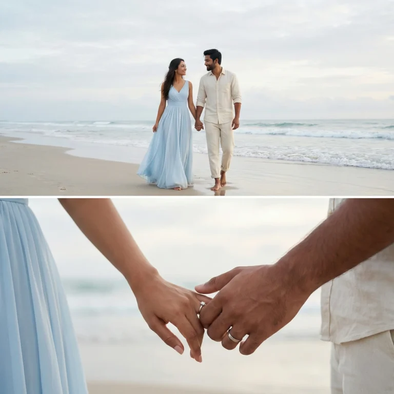 Romantic beach wedding portrait of a young couple walking hand-in-hand toward the camera, woman in a flowing light blue dress and man in cream linen outfit, gazing at each other under a cloudy sky with gentle waves, plus a close-up of hands about to touch, faces kept 100% same as the reference image.