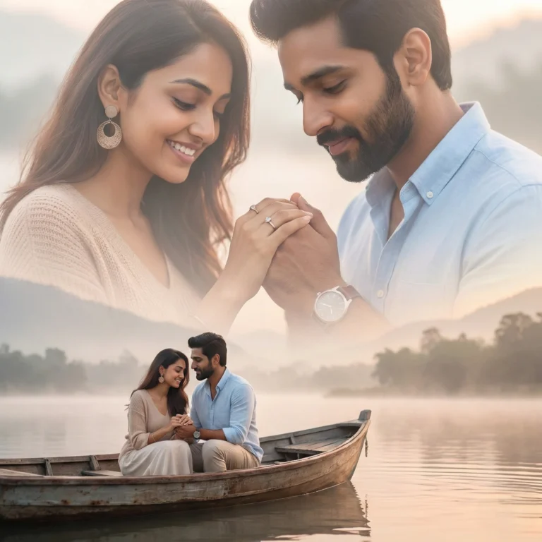 Highly realistic 8K HD romantic composite photo of a couple with dreamy pastel tones and cinematic lighting, featuring semi-transparent glowing portraits at the top (woman smiling downward with circular earrings, man with groomed beard looking down), intertwined hands with a watch and ring, and the couple holding hands on a wooden boat in misty calm water with shallow depth of field.
