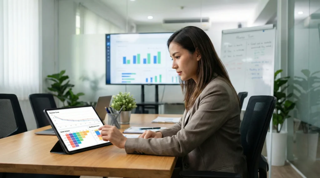 Founder reviewing retention and churn analytics dashboards