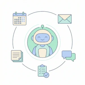 Minimal AI assistant hub icon in the center connected to calendar, email, notes, tasks, and chat symbols in a clean vector style.