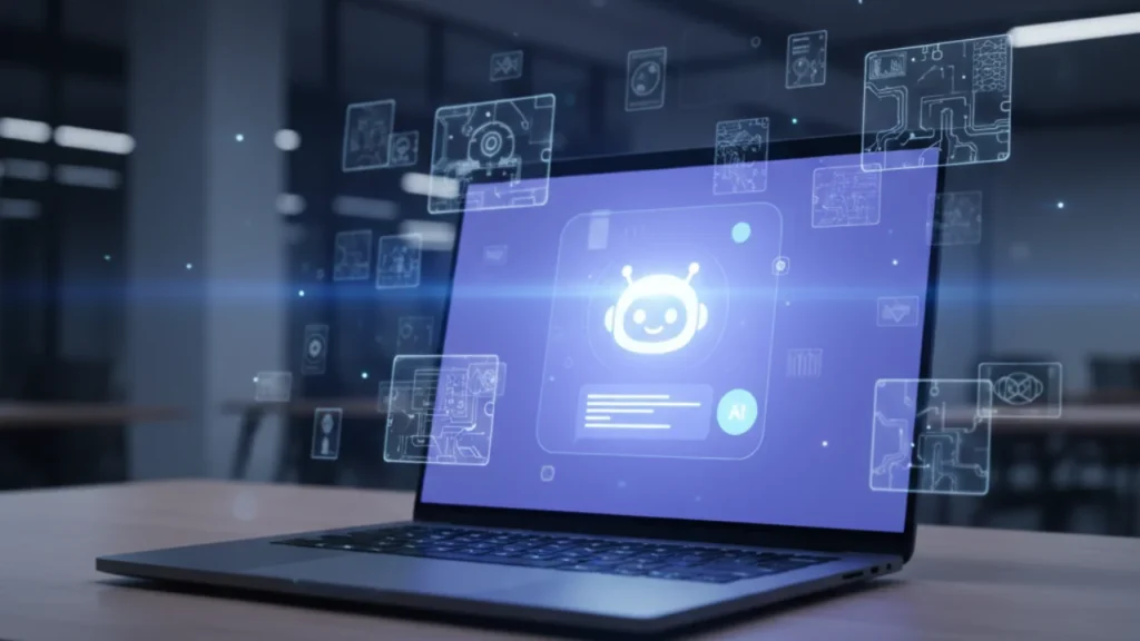 Large Language Model (LLM) concept image with AI chat on a laptop in a modern workspace